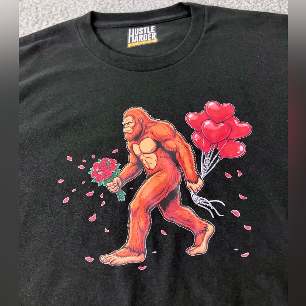 Big Foot Sasquatch Love Roses Petals Heart Balloons Black Tee